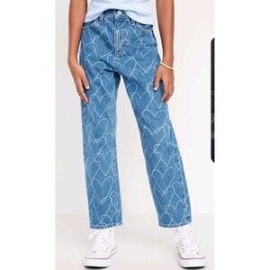 Old Navy Size 14 Slouchy Straight High Rise Girls Jeans Added Heart Lace Blue